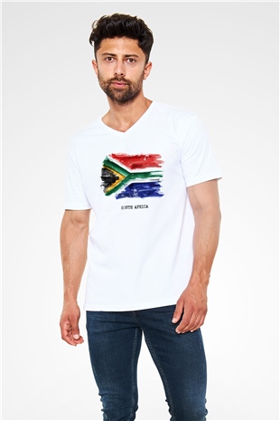 Güney Afrika Cumhuriyeti Beyaz Unisex V Yaka Tişört T-Shirt