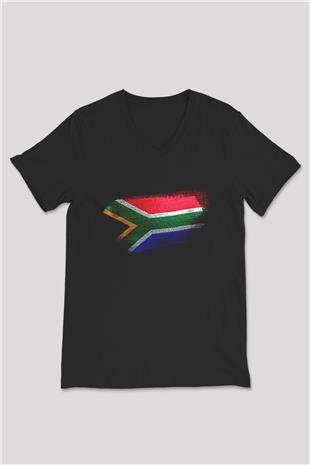 Güney Afrika - South Africa Bayrağı Baskılı Unisex Siyah V Yaka Tişört