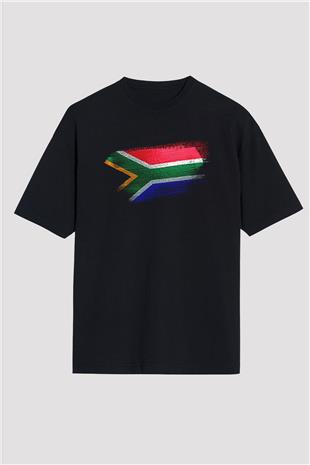 Güney Afrika - South Africa Bayrağı Baskılı Unisex Siyah Oversize Tişört