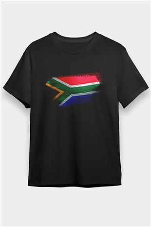 Güney Afrika - South Africa Bayrağı Baskılı Unisex Siyah Tişört
