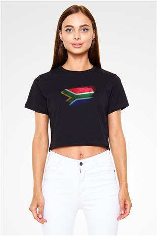 Güney Afrika - South Africa Bayrağı Baskılı Kadın Crop Top Siyah Tişört