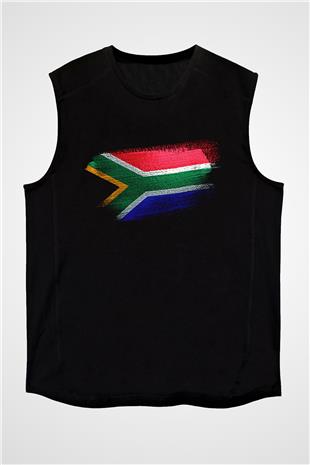 Güney Afrika - South Africa Bayrağı Baskılı Unisex Siyah Kolsuz Tişört