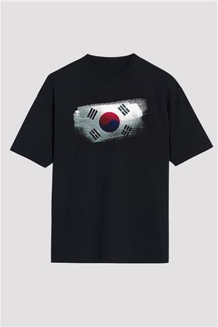 Güney Kore - South Korea Bayrağı Baskılı Unisex Siyah Oversize Tişört