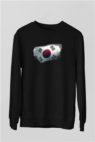 Güney Kore - South Korea Bayrağı Baskılı Unisex Siyah Sweatshirt