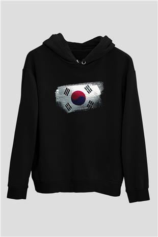 Güney Kore - South Korea Bayrağı Baskılı Unisex Siyah Hoodie