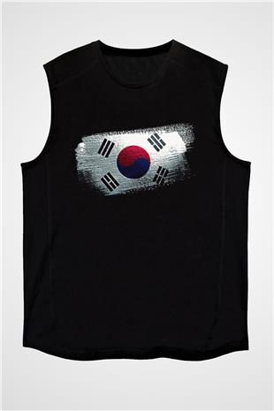 Güney Kore - South Korea Bayrağı Baskılı Unisex Siyah Kolsuz Tişört