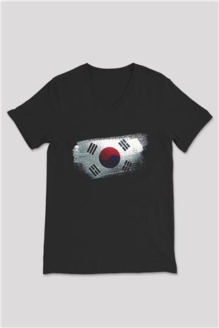 Güney Kore - South Korea Bayrağı Baskılı Unisex Siyah V Yaka Tişört