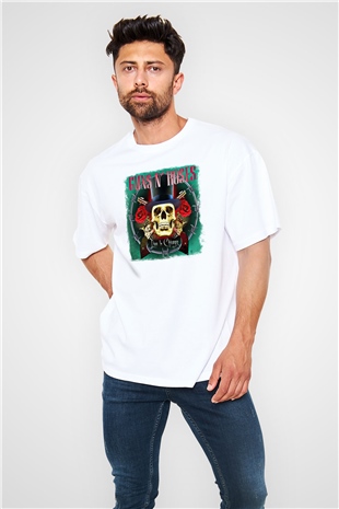 Guns N Roses Baskılı Unisex Beyaz Oversize Tişört