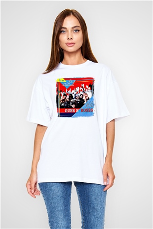Guns N Roses Baskılı Unisex Beyaz Oversize Tişört