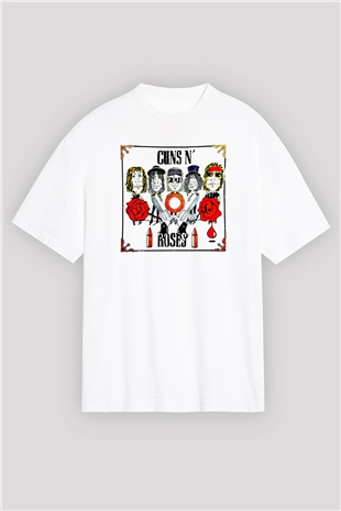 Guns N Roses Baskılı Unisex Beyaz Oversize Tişört