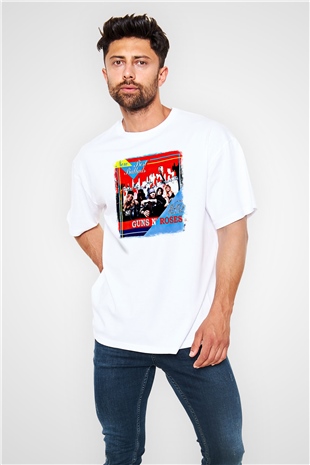 Guns N Roses Baskılı Unisex Beyaz Oversize Tişört