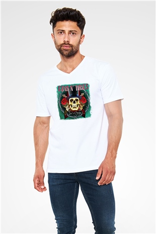 Guns N Roses Baskılı Unisex Beyaz V Yaka Tişört