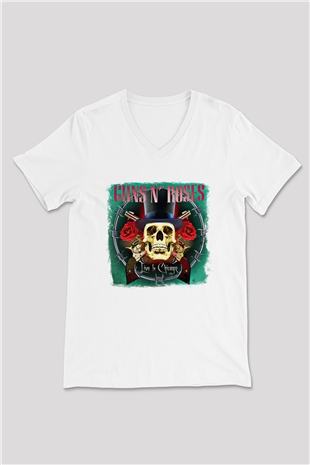 Guns N Roses Baskılı Unisex Beyaz V Yaka Tişört