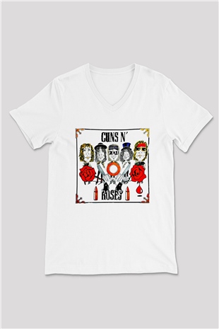 Guns N Roses Baskılı Unisex Beyaz V Yaka Tişört
