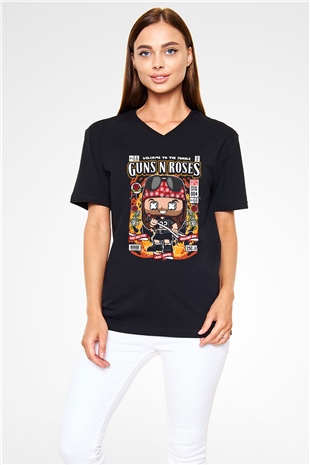 Guns N Roses Baskılı Unisex Siyah V Yaka Tişört