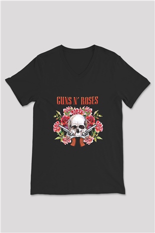 Guns N Roses Baskılı Unisex Siyah V Yaka Tişört