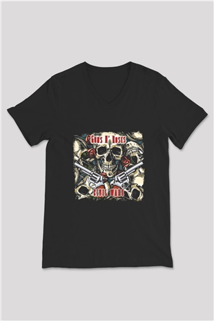 Guns N Roses Baskılı Unisex Siyah V Yaka Tişört