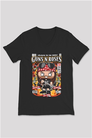 Guns N Roses Baskılı Unisex Siyah V Yaka Tişört