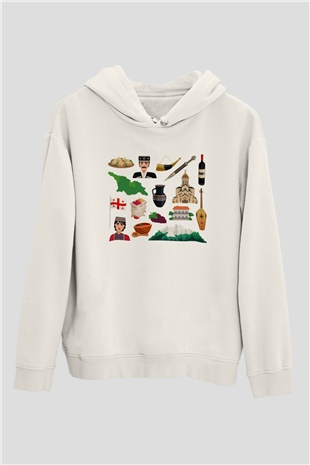 Gürcistan Beyaz Unisex Kapşonlu Sweatshirt