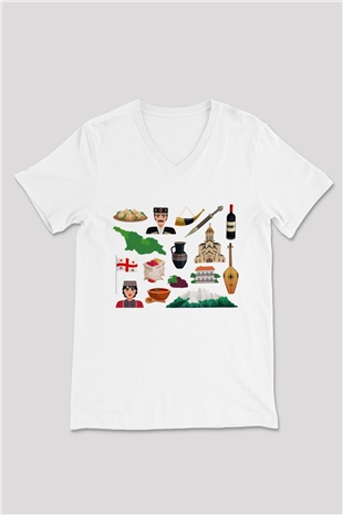 Gürcistan Beyaz Unisex V Yaka Tişört T-Shirt