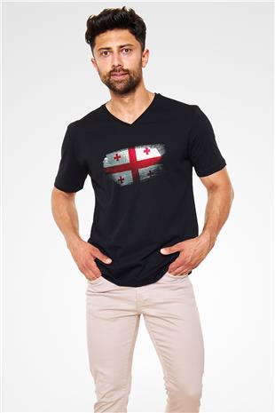 Gürcistan - Georgia Bayrağı Baskılı Unisex Siyah V Yaka Tişört