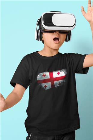 Gürcistan - Georgia Bayrağı Baskılı Unisex Siyah Çocuk Tişörtü