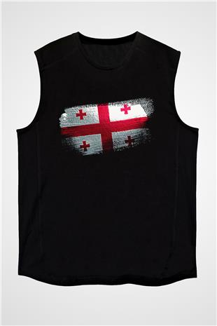 Gürcistan - Georgia Bayrağı Baskılı Unisex Siyah Kolsuz Tişört