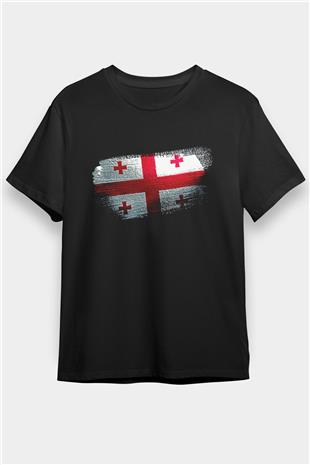 Gürcistan - Georgia Bayrağı Baskılı Unisex Siyah Tişört