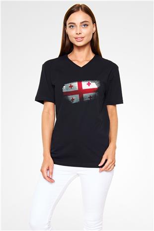 Gürcistan - Georgia Bayrağı Baskılı Unisex Siyah V Yaka Tişört