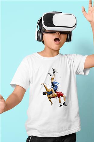 Güreş Baskılı Unisex Beyaz Çocuk Tişört - Tshirt