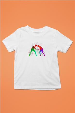 Güreş Baskılı Unisex Beyaz Çocuk Tişört - Tshirt