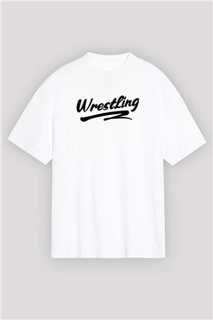 Güreş Baskılı Unisex Beyaz Oversize Tişört - Tshirt