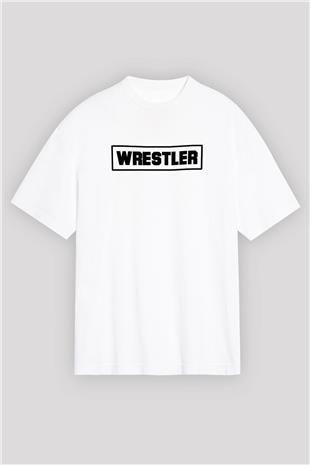 Güreş Baskılı Unisex Beyaz Oversize Tişört - Tshirt