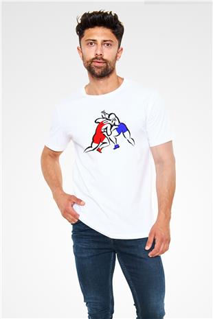 Güreş Baskılı Unisex Beyaz Tişört - Tshirt
