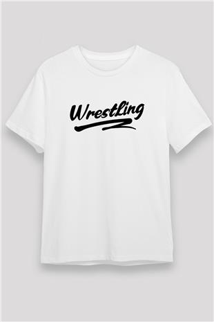 Güreş Baskılı Unisex Beyaz Tişört - Tshirt
