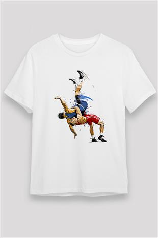 Güreş Baskılı Unisex Beyaz Tişört - Tshirt
