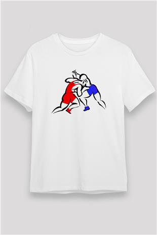 Güreş Baskılı Unisex Beyaz Tişört - Tshirt