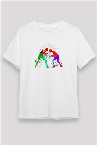 Güreş Baskılı Unisex Beyaz Tişört - Tshirt