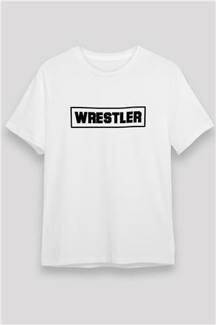 Güreş Baskılı Unisex Beyaz Tişört - Tshirt