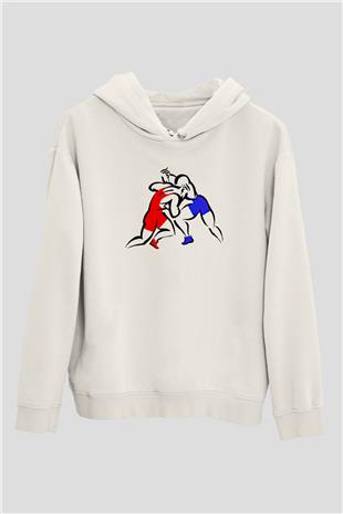 Güreş Baskılı Unisex Ekru Hoodie