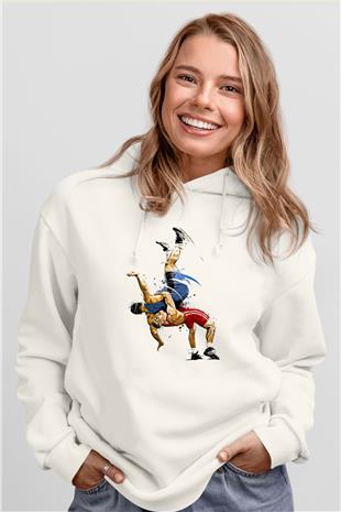 Güreş Baskılı Unisex Ekru Hoodie