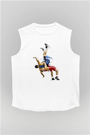 Güreş Baskılı Unisex Kolsuz Beyaz Tişört