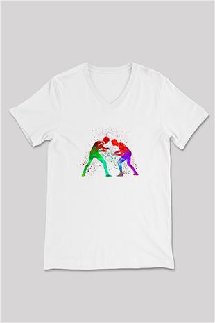 Güreş Baskılı Unisex V Yaka Tişört - Tshirt