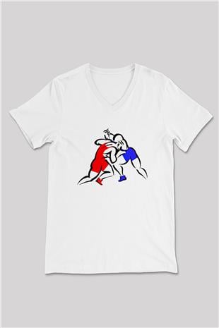 Güreş Baskılı Unisex V Yaka Tişört - Tshirt