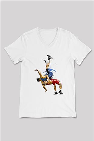 Güreş Baskılı Unisex V Yaka Tişört - Tshirt
