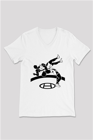 Güreş Beyaz Unisex V Yaka Tişört T-Shirt