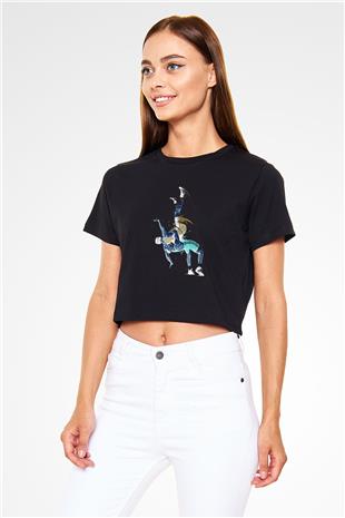 Güreş - Wrestle Baskılı Crop Top Siyah Kadın Tişört - Tshirt