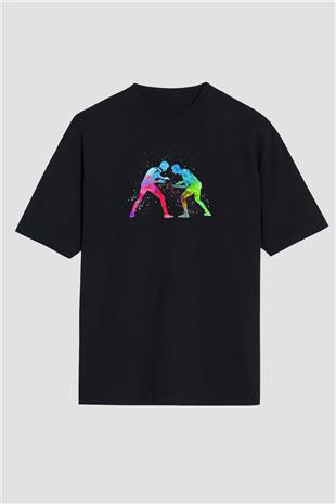 Güreş - Wrestle Baskılı Unisex Siyah Oversize Tişört