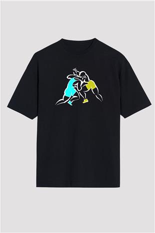 Güreş - Wrestle Baskılı Unisex Siyah Oversize Tişört