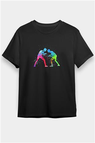 Güreş - Wrestle Baskılı Unisex Siyah Tişört - Tshirt